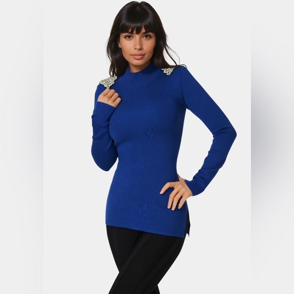 NWT Bebe Embellished Mock Neck Tunic Sweater in Galactic Cobalt Sz M
